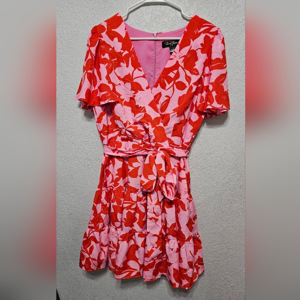 Falling Flowers Women's Floral V-Neck Flutter Sleeve Fit & Flare with Pockets